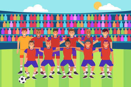 Soccer or football vector concept: Group of soccer team players posing together in the stadiumのイラスト素材