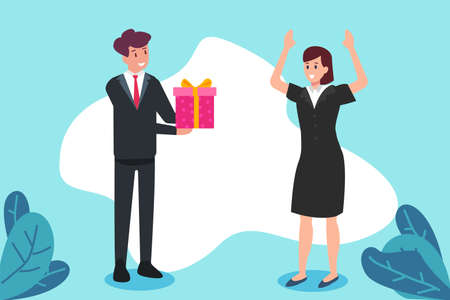 Success vector concept: Businessman giving a gift box to his female worker for appreciating her jobのイラスト素材