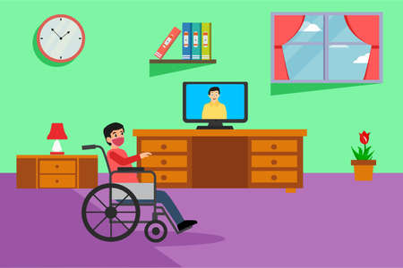 Disability vector concept: Disabled man wearing a face mask and sitting on wheelchair while watching TV at home during quarantine caused by coronavirus outbreakのイラスト素材