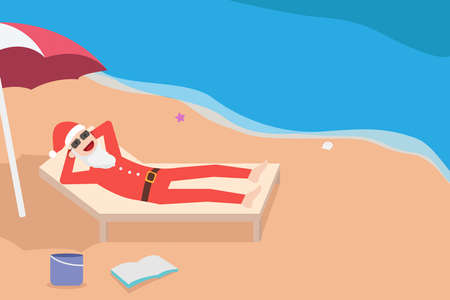 Holiday vector concept: Santa claus relaxing on the beach while wearing sunglasses and santa hatのイラスト素材