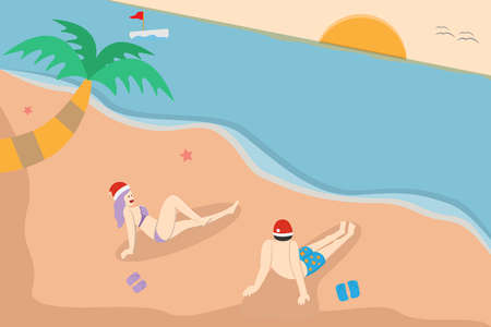 Holiday vector concept: Young couple relaxing on the beach while sitting and sunbathing togetherのイラスト素材