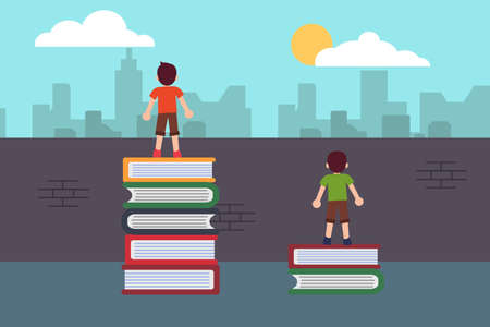 Education vector concept: Boy standing on the different stack of books to look at the city
