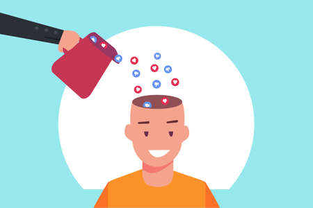Social media addict vector concept: Male teenager fill his head with thumbs up and heart symbolのイラスト素材