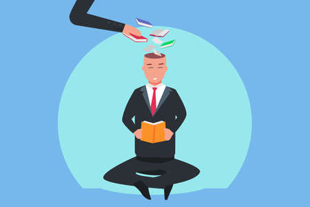 Reading book vector concept: Businessman reading book while sitting and fill his head with books and...