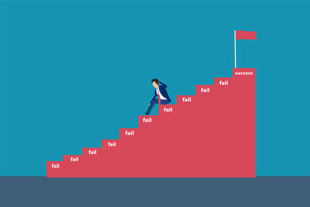 Businessman gives up vector concept: Lazy businessman gives up before reach the success flag on the top of stairsのイラスト素材