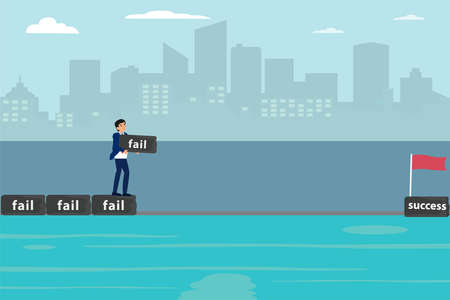 Success and failure vector concept: Businessman arrange his fail to be the way toward success flag on the seaのイラスト素材
