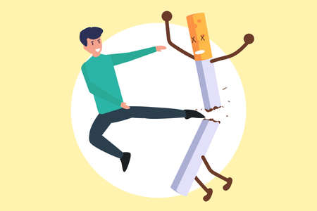 Quit smoking vector concept: Young man kicking a cigarette as his action to quit smokingのイラスト素材