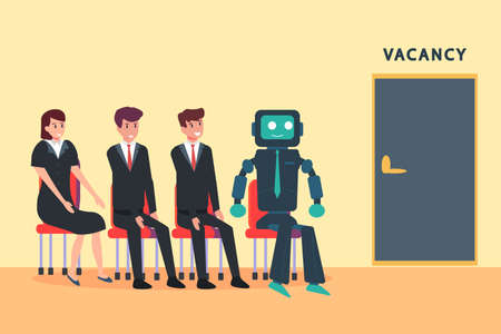 Artificial Intelligence Robot in business vector concept: People and robot waiting for job interview while sitting together on the chairのイラスト素材