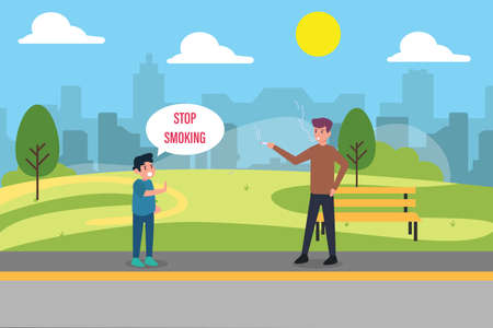 Stop smoking vector concept: Little boy saying stop smoking to young man while standing in the parkのイラスト素材