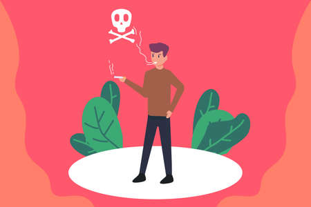 Smoking vector concept: Young man smoking a cigarette while his smokes make skull pictureのイラスト素材