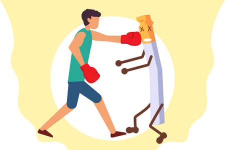 Quit smoking vector concept: Young male punching a cigarette while wearing boxing glovesのイラスト素材