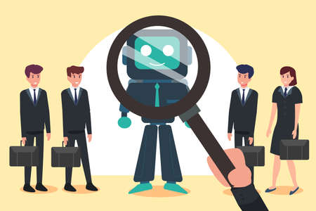 Business selection vector concept: Hand of man choosing robot with magnifying glass while businesswoman and businessman standing togetherのイラスト素材