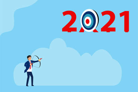 Target in new year vector concept: Young businessman aiming the target with number 2021 while holding archeryのイラスト素材