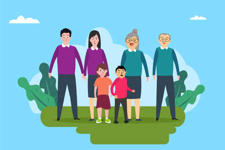 Three generation family vector concept: Three generation family smiling together while standing in the parkのイラスト素材