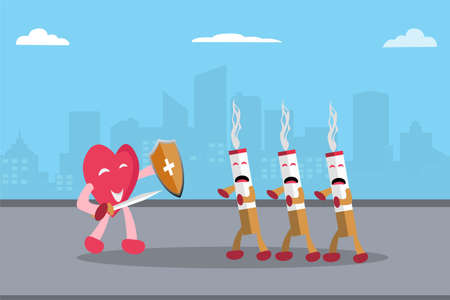 Stop smoking vector concept: Heart wants to kill cigarettes while holding sword and shieldのイラスト素材