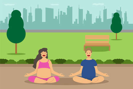 Lose weight vector concept: Obesity couple doing yoga training together while sitting in the parkのイラスト素材