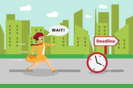 Chasing deadline vector concept: Young businesswoman chasing deadline time while running in hurryのイラスト素材
