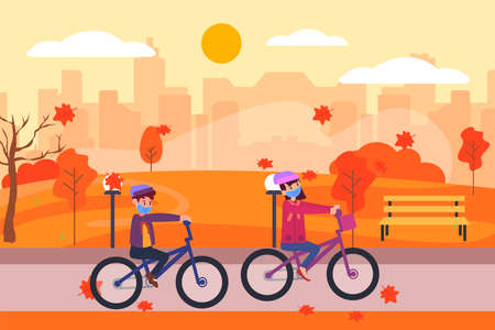 Autumn in new normal: Teenagers ride bicycle together in the park while doing health protocolのイラスト素材