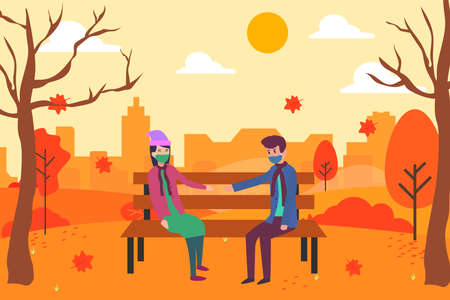 Autumn in new normal vector concept: Young couple sitting on the bench with new normal in autumn seasonのイラスト素材
