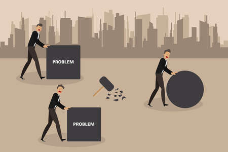 Business strategy vector concept: Smart businessman pushing a sphere and leading the competition against slower rivals pushing box of problemのイラスト素材
