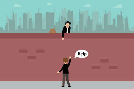 Business pretending vector concept: Cheating businessman pretending to help friend by held out hands while there is a hidden ropeのイラスト素材