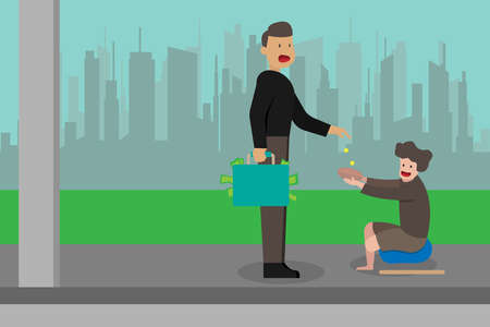 Stingy vector concept: Stingy businessman giving little money on a disabled beggar while carrying much moneyのイラスト素材
