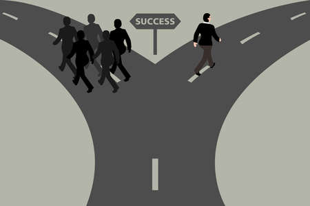 Leadership vector concept: Businessman choosing the different way to success and leaving his rivals