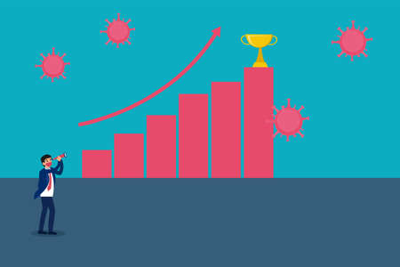 Business vision new normal vector concept: Businessman wearing a face mask and using a telescope to look at a trophy above growing financial graph with coronavirusのイラスト素材