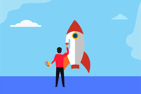 Kids dream vector concept: Boy painting rocket on the wallのイラスト素材