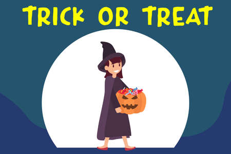 Halloween vector concept: Girl in witch costume carrying candy on pumpkin with text of trick or treatのイラスト素材