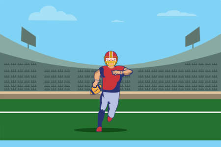 American football vector concept: American football player running in the stadium while carrying the ballのイラスト素材