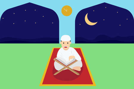 Muslim person vector concept: Front view of muslim man reading Koran while sitting in the mosque at nightのイラスト素材