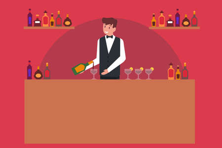 Oktoberfest vector concept: Male bartender preparing alcohol drink on the tableのイラスト素材