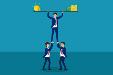 Teamwork vector concept: Group of business people lifting a light bulb and moneyのイラスト素材