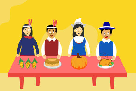 Thanksgiving vector concept: Group of teenager celebrating Thanksgiving day with corn, pie, pumpkin, and turkey on the tableのイラスト素材