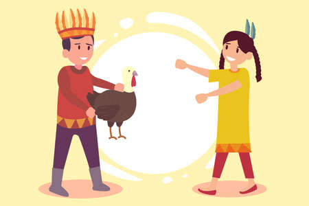 Thanksgiving vector concept: Little boy giving a turkey to his sister for thanksgiving celebrationのイラスト素材