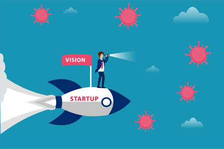 Business vision new normal vector concept: Businessman riding a flying startup rocket with vision...