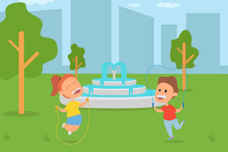 Playing outdoor vector concept: Cheerful children playing skipping rope while laughing together at the parkのイラスト素材