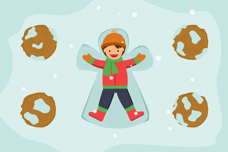 Winter vector concept: Cheerful cute boy lying on the snow and making snow angelのイラスト素材