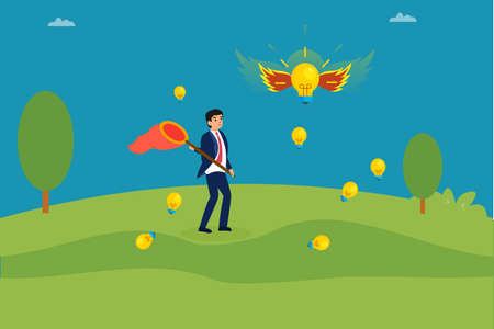 Catching idea vector concept: Young businessman catching flying bulb in the meadow while holding the catching netのイラスト素材