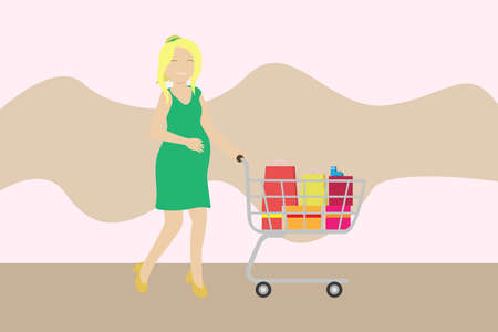 Pregnancy vector concept: Pregnant woman shopping in the supermarket while walking with trolleyのイラスト素材