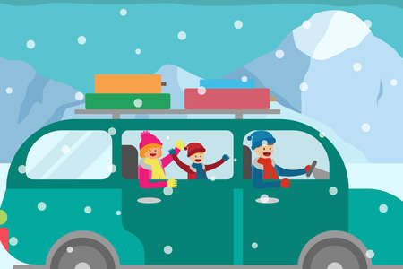 Winter holiday trip vector concept: Happy family with winter clothes traveling by car with roof luggage on snowy dayのイラスト素材