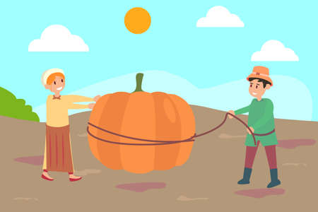 Thanksgiving vector concept: Two kids picking pumpkin at the fieldのイラスト素材