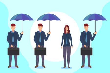 Think different concept: Female worker different from the other male worker carrying briefcase and umbrellaのイラスト素材
