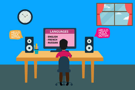 Education vector concept: Boy studying online foreign language by listening with computer and speaker on the table at homeのイラスト素材