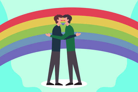 LGBT vector concept: Homosexual couple kissing and hugging together with rainbow on the backgroundのイラスト素材