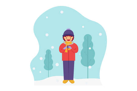 Winter vector concept: Teenage girl holding a cup of hot drink while standing in the snowy parkのイラスト素材