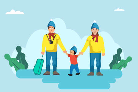Travel concept: Happy family with suitcase ready to go on winter holiday on blue backgroundのイラスト素材