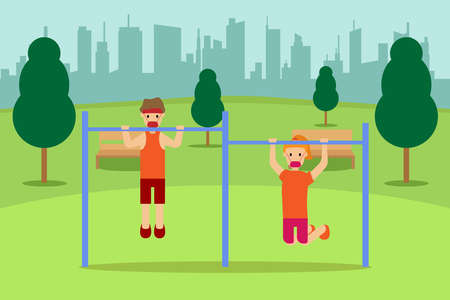 Fitness vector concept: Young couple doing workout together while wearing face mask after corona virus outbreakのイラスト素材