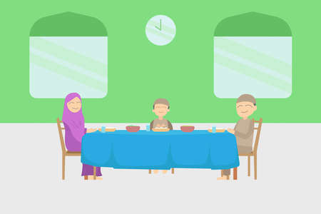Muslim family vector concept: Happy muslim family praying together before eating at homeのイラスト素材